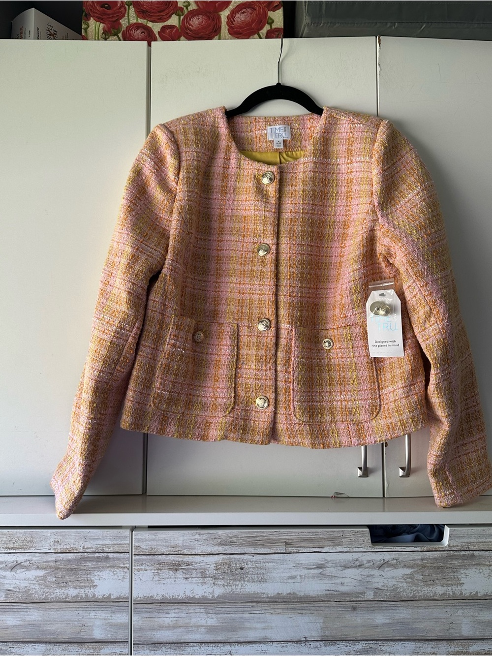 🌸 NWT Time & Tru Tweed Jacket Small Pink Yellow Plaid Cropped Blazer